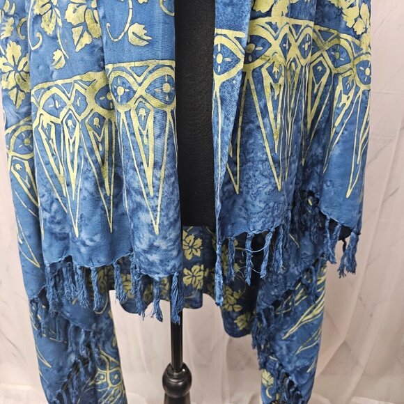 Two Cranes Blue Green Floral Fringed Batik Boho Rectangular Scarf Shawl Wrap - Picture 2 of 13